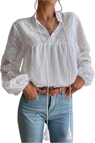 GORGLITTER Women's Peasant Blouses Lace Boho Tops Bishop Long Sleeve Tie Front Dressy Casual Sheer Tunic Shirt in Saudi Arabia