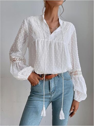 GORGLITTER Women's Peasant Blouses Lace Boho Tops Bishop Long Sleeve Tie Front Dressy Casual Sheer Tunic Shirt in Saudi Arabia