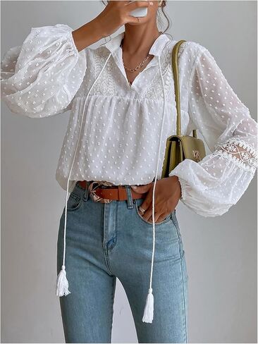 GORGLITTER Women's Peasant Blouses Lace Boho Tops Bishop Long Sleeve Tie Front Dressy Casual Sheer Tunic Shirt in Saudi Arabia