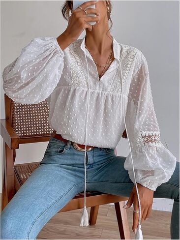 GORGLITTER Women's Peasant Blouses Lace Boho Tops Bishop Long Sleeve Tie Front Dressy Casual Sheer Tunic Shirt in Saudi Arabia
