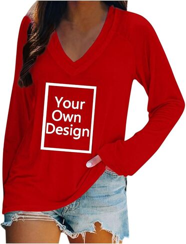 Women Custom Shirts Long Sleeve T Shirts Loose V Neck Tunic Tops, Your Own Design, Add Text/Photo/Image/Logo in Saudi Arabia