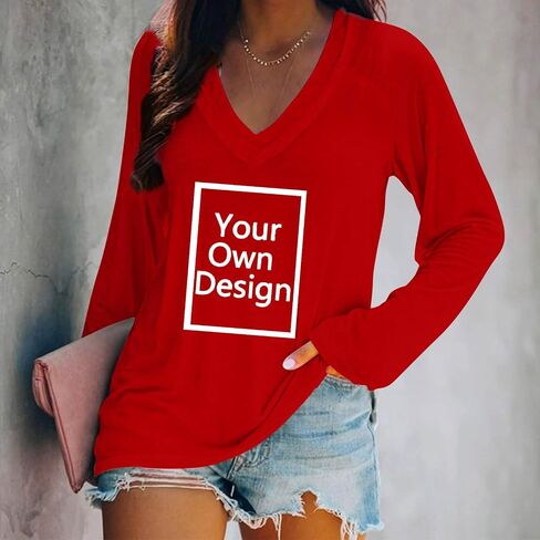 Women Custom Shirts Long Sleeve T Shirts Loose V Neck Tunic Tops, Your Own Design, Add Text/Photo/Image/Logo in Saudi Arabia