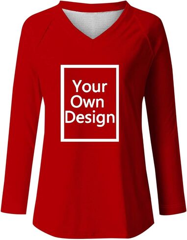 Women Custom Shirts Long Sleeve T Shirts Loose V Neck Tunic Tops, Your Own Design, Add Text/Photo/Image/Logo in Saudi Arabia