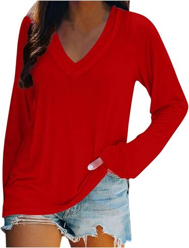 Women Custom Shirts Long Sleeve T Shirts Loose V Neck Tunic Tops, Your Own Design, Add Text/Photo/Image/Logo in Saudi Arabia