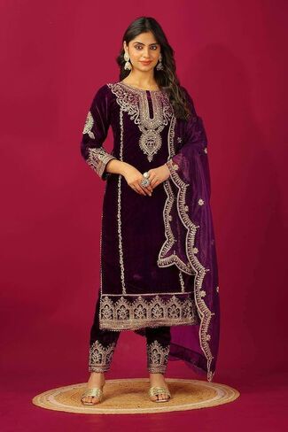 MADHU RATNA Women's Viscose Velvet with Coding Embroidery Kurti With Bottom & Dupatta Set in Saudi Arabia