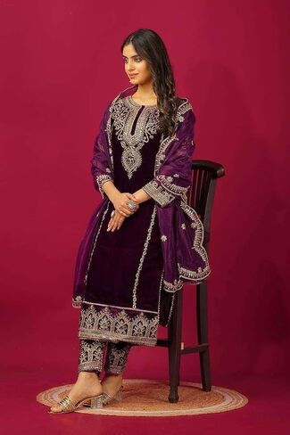 MADHU RATNA Women's Viscose Velvet with Coding Embroidery Kurti With Bottom & Dupatta Set in Saudi Arabia