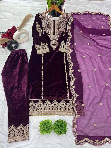 MADHU RATNA Women's Viscose Velvet with Coding Embroidery Kurti With Bottom & Dupatta Set in Saudi Arabia