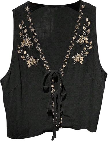 WDIRARA Women's Boho Floral Embroidery V Neck Tank Top Tie Front Sleeveless Tops in Saudi Arabia