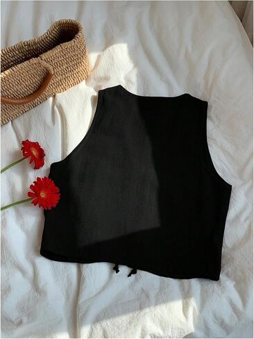 WDIRARA Women's Boho Floral Embroidery V Neck Tank Top Tie Front Sleeveless Tops in Saudi Arabia