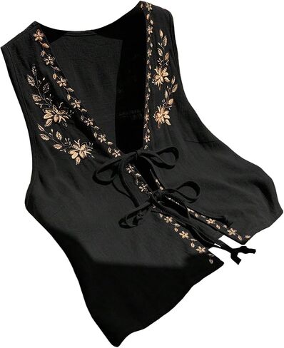 WDIRARA Women's Boho Floral Embroidery V Neck Tank Top Tie Front Sleeveless Tops in Saudi Arabia