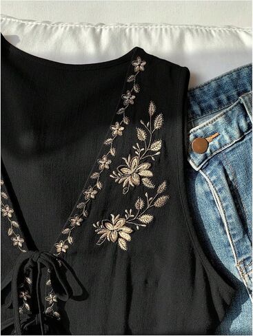 WDIRARA Women's Boho Floral Embroidery V Neck Tank Top Tie Front Sleeveless Tops in Saudi Arabia
