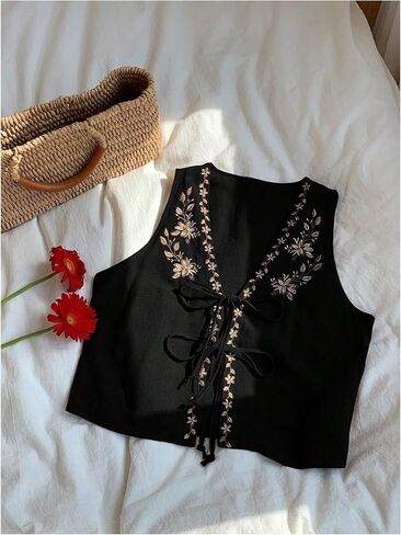 WDIRARA Women's Boho Floral Embroidery V Neck Tank Top Tie Front Sleeveless Tops in Saudi Arabia