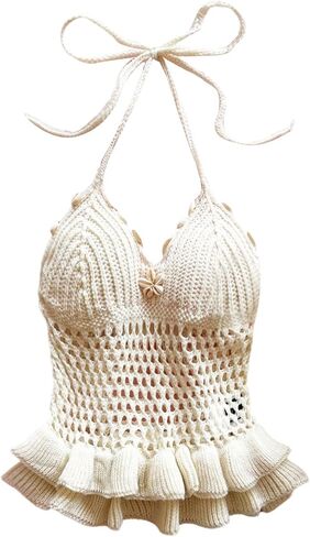 OYOANGLE Women's Crochet Hollow Out Halter Top Ruffle Tie Backless See Through Crop Tops in Saudi Arabia