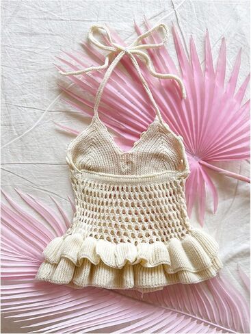OYOANGLE Women's Crochet Hollow Out Halter Top Ruffle Tie Backless See Through Crop Tops in Saudi Arabia