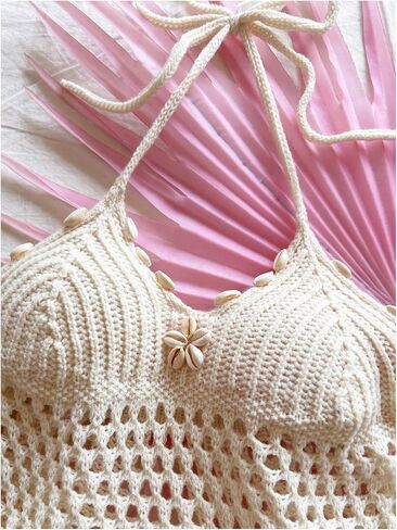 OYOANGLE Women's Crochet Hollow Out Halter Top Ruffle Tie Backless See Through Crop Tops in Saudi Arabia