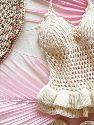 OYOANGLE Women's Crochet Hollow Out Halter Top Ruffle Tie Backless See Through Crop Tops in Saudi Arabia