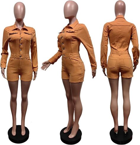 Letsvdo للنساء القصيرة الدنيم بذلة الأكمام طويلة الأكمام bodycon زر أسفل البضائع جان قطعة واحدة شورتات الرومبير in Saudi Arabia