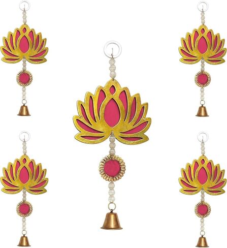 Decorative Hanging Lotus Bell Toran – Traditional Wall Door Hanging with Beads and Bell – Pack of 5 – Ideal for Festival, Pooja Room, Home Decor & Gifting (Red) in Saudi Arabia
