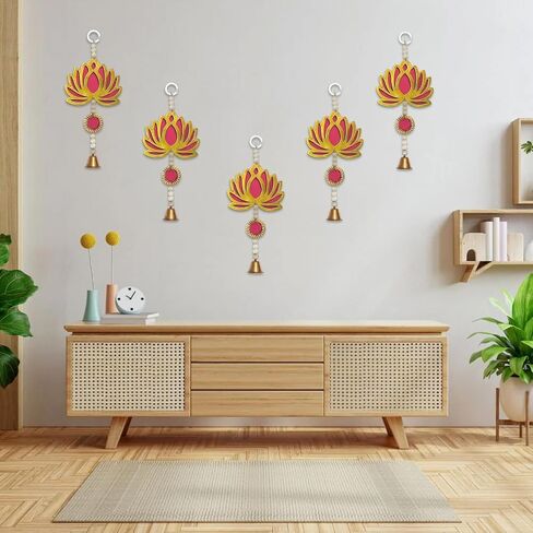 Decorative Hanging Lotus Bell Toran – Traditional Wall Door Hanging with Beads and Bell – Pack of 5 – Ideal for Festival, Pooja Room, Home Decor & Gifting (Red) in Saudi Arabia