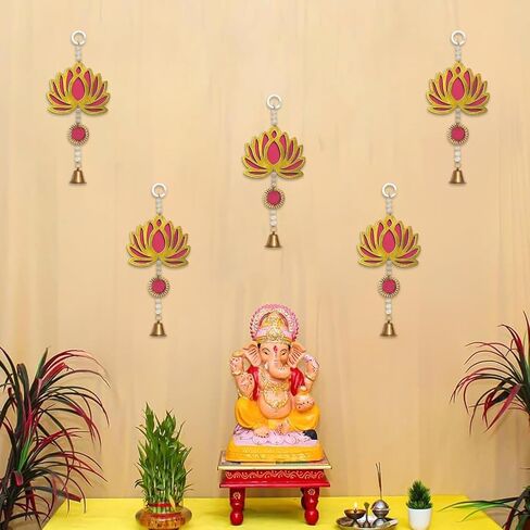 Decorative Hanging Lotus Bell Toran – Traditional Wall Door Hanging with Beads and Bell – Pack of 5 – Ideal for Festival, Pooja Room, Home Decor & Gifting (Red) in Saudi Arabia