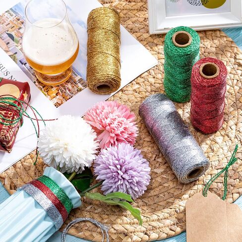 4 Rolls Christmas Metallic Bakers Twine 110 Yards Decorative Wrapping Twine String for DIY Crafts Packing Materials (Gold, Silver, Orange Rose, Gold) in Saudi Arabia