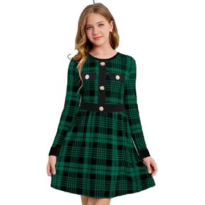 Teen Girls' Casual Long Sleeve Buffalo Plaid Patchwork Belted A-Line Dresses with Pockets for Girls 6-12 Years in Saudi Arabia