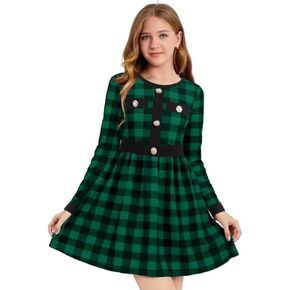 Teen Girls' Casual Long Sleeve Buffalo Plaid Patchwork Belted A-Line Dresses with Pockets for Girls 6-12 Years in Kuwait