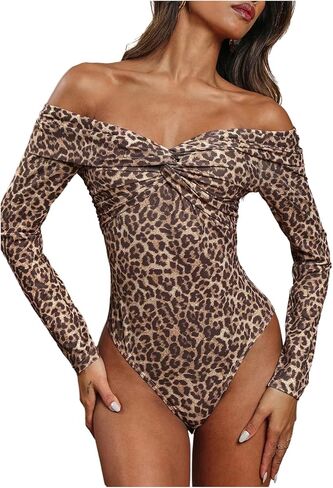 SweatyRocks Women's Sexy Leopard Print Bodysuit Off The Shoulder Ruched Wrap Leotard Going Out Tops in Saudi Arabia