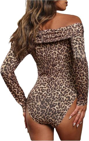 SweatyRocks Women's Sexy Leopard Print Bodysuit Off The Shoulder Ruched Wrap Leotard Going Out Tops in Saudi Arabia