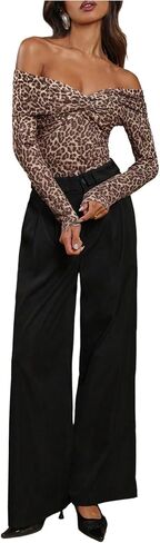 SweatyRocks Women's Sexy Leopard Print Bodysuit Off The Shoulder Ruched Wrap Leotard Going Out Tops in Saudi Arabia