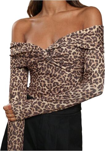 SweatyRocks Women's Sexy Leopard Print Bodysuit Off The Shoulder Ruched Wrap Leotard Going Out Tops in Saudi Arabia