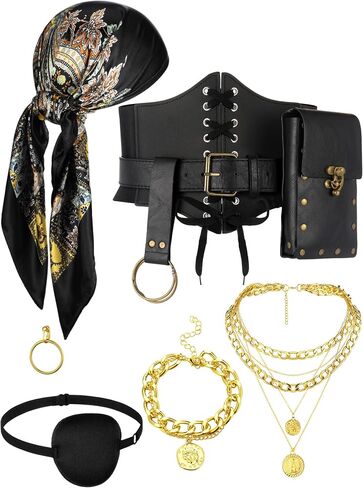 9 Pcs Pirate Costume Accessories Women Head Scarf Corset Belt Pouch in Kuwait