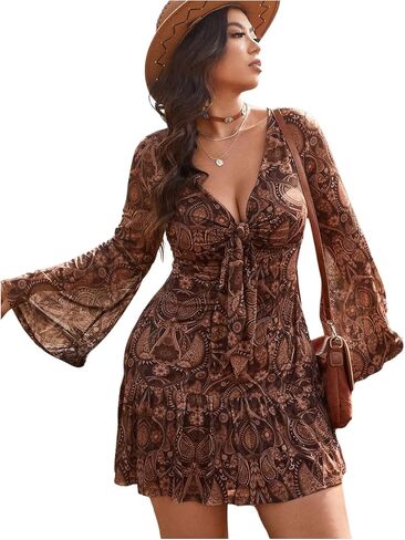Verdusa Women's Plus Size Paisley Print Tie Short Dress Boho Bell Sleeve V Neck Ruffle Dresses in Saudi Arabia
