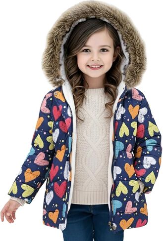 IFFEI Girls Winter Coat Jacket Fur Hooded Long Puffer Jacket Flower Print Warm Outdoor Coats for Kids 3-11 Years in Saudi Arabia
