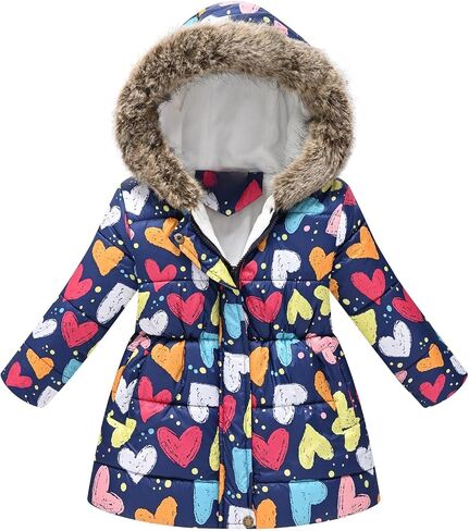 IFFEI Girls Winter Coat Jacket Fur Hooded Long Puffer Jacket Flower Print Warm Outdoor Coats for Kids 3-11 Years in Saudi Arabia