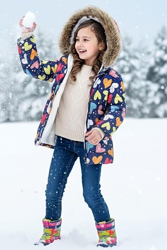 IFFEI Girls Winter Coat Jacket Fur Hooded Long Puffer Jacket Flower Print Warm Outdoor Coats for Kids 3-11 Years in Saudi Arabia