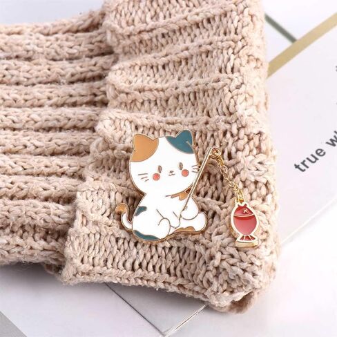 1Pc Green Cute Cat Brooch,Creative Cat Fishing Design Metal Enamel Brooch Cartoon Cute Animal Badge Pin Women's Brooches for Women Men in Saudi Arabia