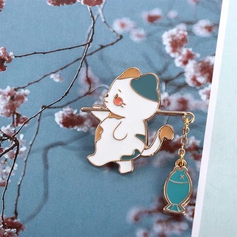 1Pc Green Cute Cat Brooch,Creative Cat Fishing Design Metal Enamel Brooch Cartoon Cute Animal Badge Pin Women's Brooches for Women Men in Saudi Arabia