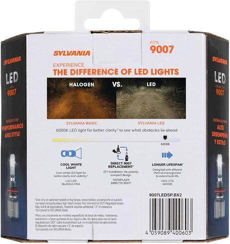 SYLVANIA 9007 LED - مصابيح الضباب للسيارات والشاحنات - المصابيح الأمامية للرياضات على الطرق الوعرة - ضوء LED أبيض بارد 6000 كيلو - مصابيح طويلة الأمد - بدون قطبية - ترقية DIY in Saudi Arabia