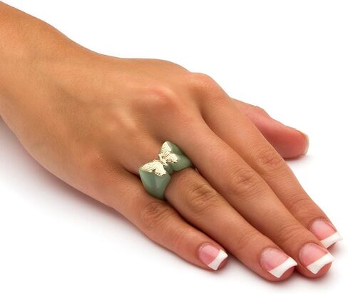 PalmBeach 10K Solid Yellow Gold Genuine Black or 14K Sold Yellow Gold Genuine Green Jade Butterfly Ring Size 6 in Saudi Arabia