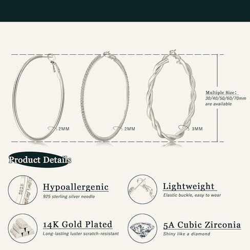 Sterling Silver Hoops Earrings Large Silver Hoop Earrings for Women Hypoallergenic Lightweight Twisted Hoop Earrings 20/30/40/50MM in Saudi Arabia