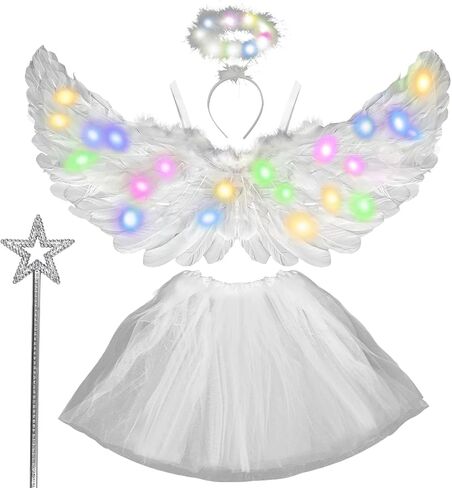 Angel Costumes Wings and Halo with LED Lights for Adult Women Kids Light Up Wings Tutu Skirt Star Wands Halloween Set 4PCS in Kuwait