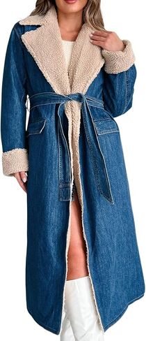 loveimgs Women c Barn Quilted Denim Trench Coat Winter Overcoat with Belt in Saudi Arabia