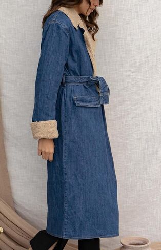 loveimgs Women c Barn Quilted Denim Trench Coat Winter Overcoat with Belt in Saudi Arabia