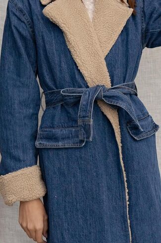 loveimgs Women c Barn Quilted Denim Trench Coat Winter Overcoat with Belt in Saudi Arabia