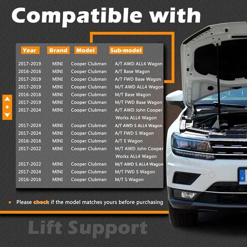16.62 in 2Pcs Hood Lift Support Struts Gas Spring Shocks Rod Compatible with Mini Cooper Clubman 2016-2021 Replaces # 51237351356 (Note : Must Check DESCRIP for Detail) in Saudi Arabia