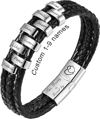 Personalized Leather Bracelets Gift for Dad - with Jewelry Box,Customized Names Beads Family Bracelets,Thanksgiving for Dad Grandpa Uncle Husband in Kuwait