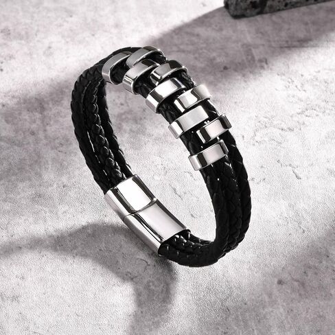 Personalized Leather Bracelets Gift for Dad - with Jewelry Box,Customized Names Beads Family Bracelets,Thanksgiving for Dad Grandpa Uncle Husband in Kuwait