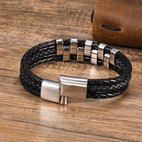Personalized Leather Bracelets Gift for Dad - with Jewelry Box,Customized Names Beads Family Bracelets,Thanksgiving for Dad Grandpa Uncle Husband in Kuwait