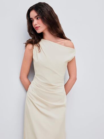 CIDER Asymmetrical Neck Solid Ruched Maxi Dress in Saudi Arabia